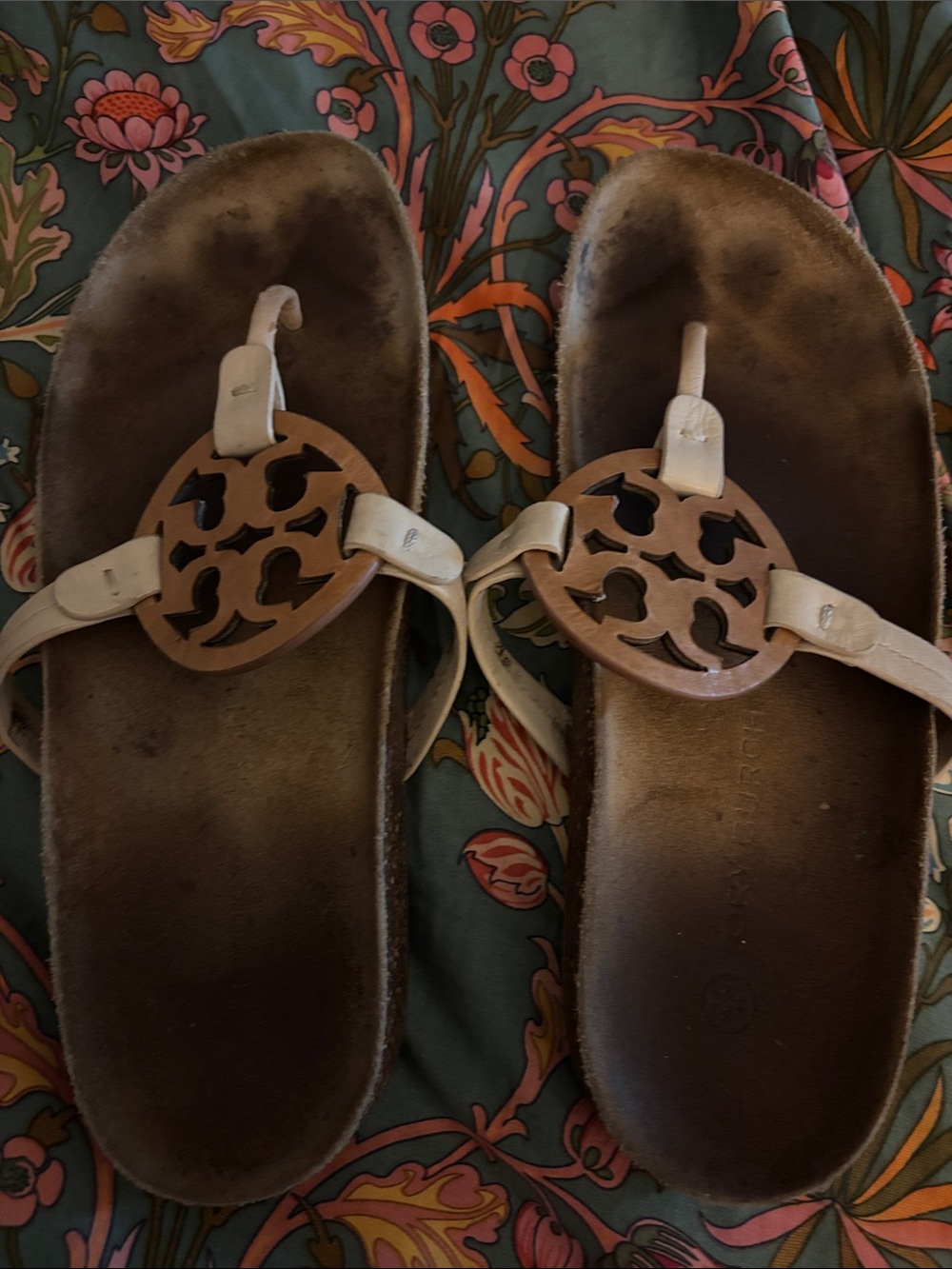 Tory Burch Cream Leather Miller Sandals with Tan Logo Medallion